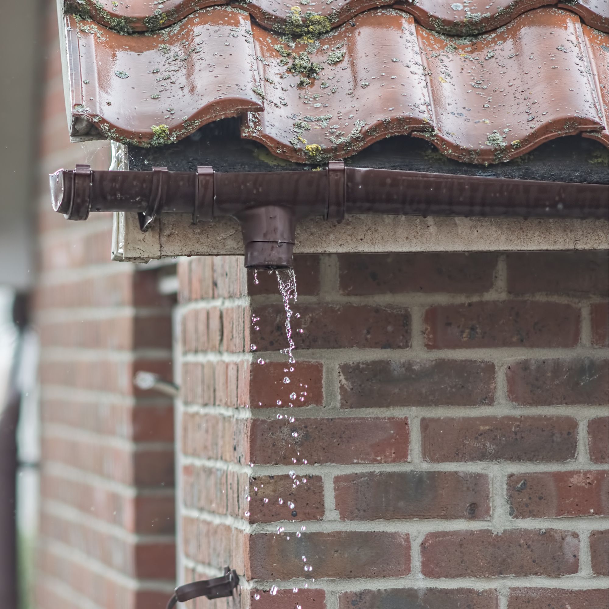 Brown broken gutter on a red bricked house with water coming out of it 