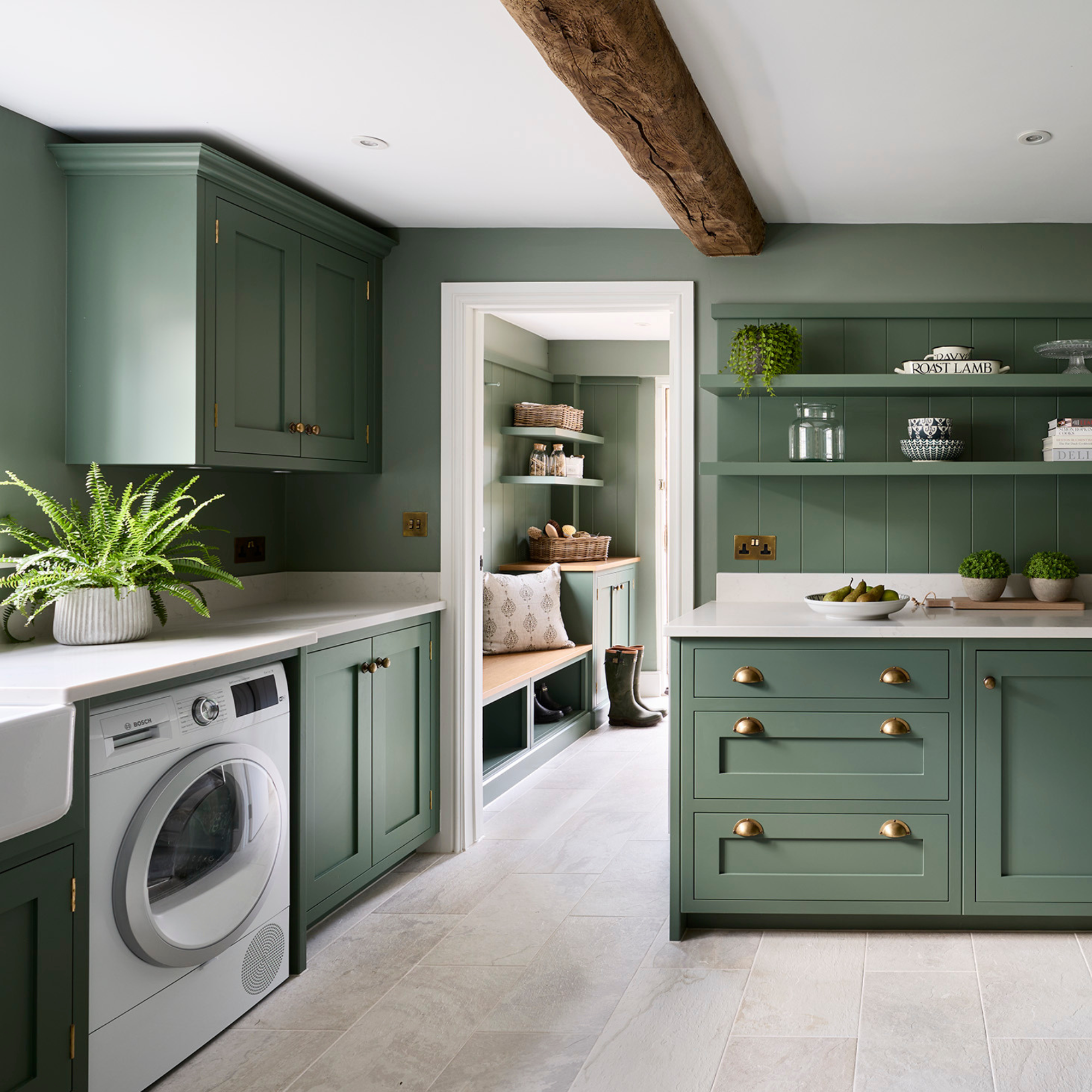 a green kitchen painted in farrow & ball green smoke 